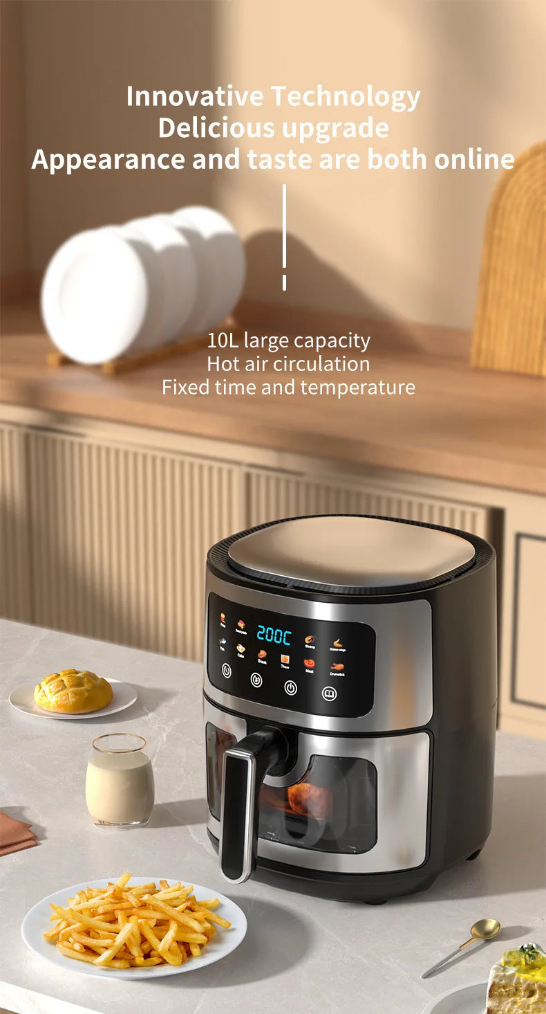 Wholesale 10L Black Air Fryer Fast Healthy Oil-Free,Visual Window ,Make Snacks, Pastries, and Finger Foods,Household Party Use