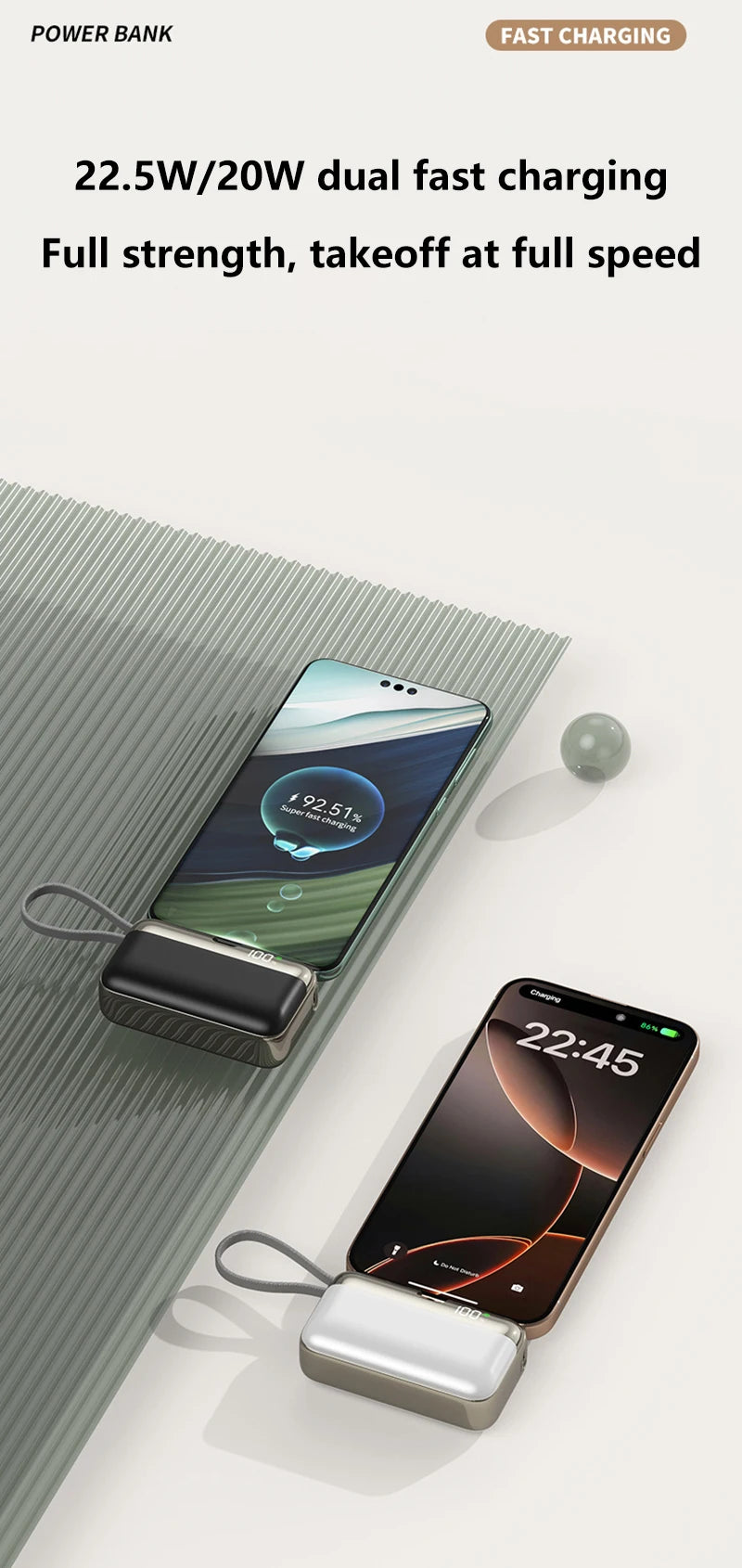 Tidesmit 20000mAh Portable Power Bank with Built-in Fast Charging Cable Tidesmit