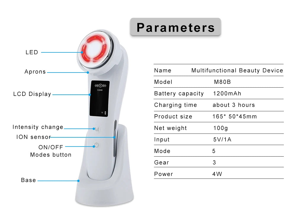 White handheld facial massager on a base, with a round light head, LCD screen, and labeled product features list.