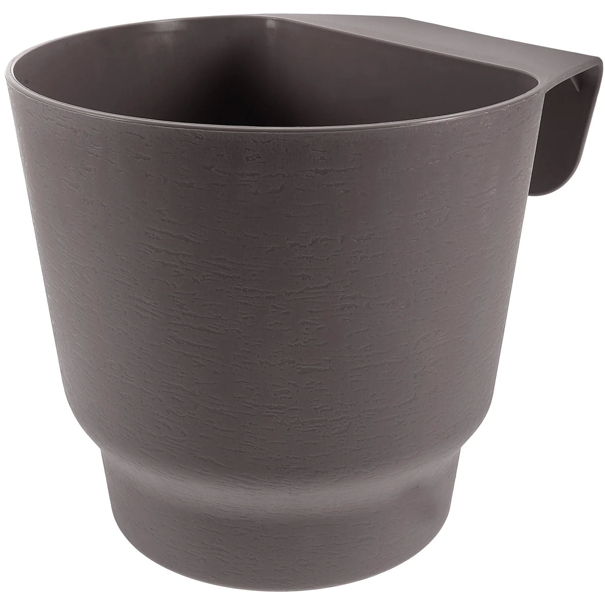 Grey plastic round hanging planter pot with side hooks and open top