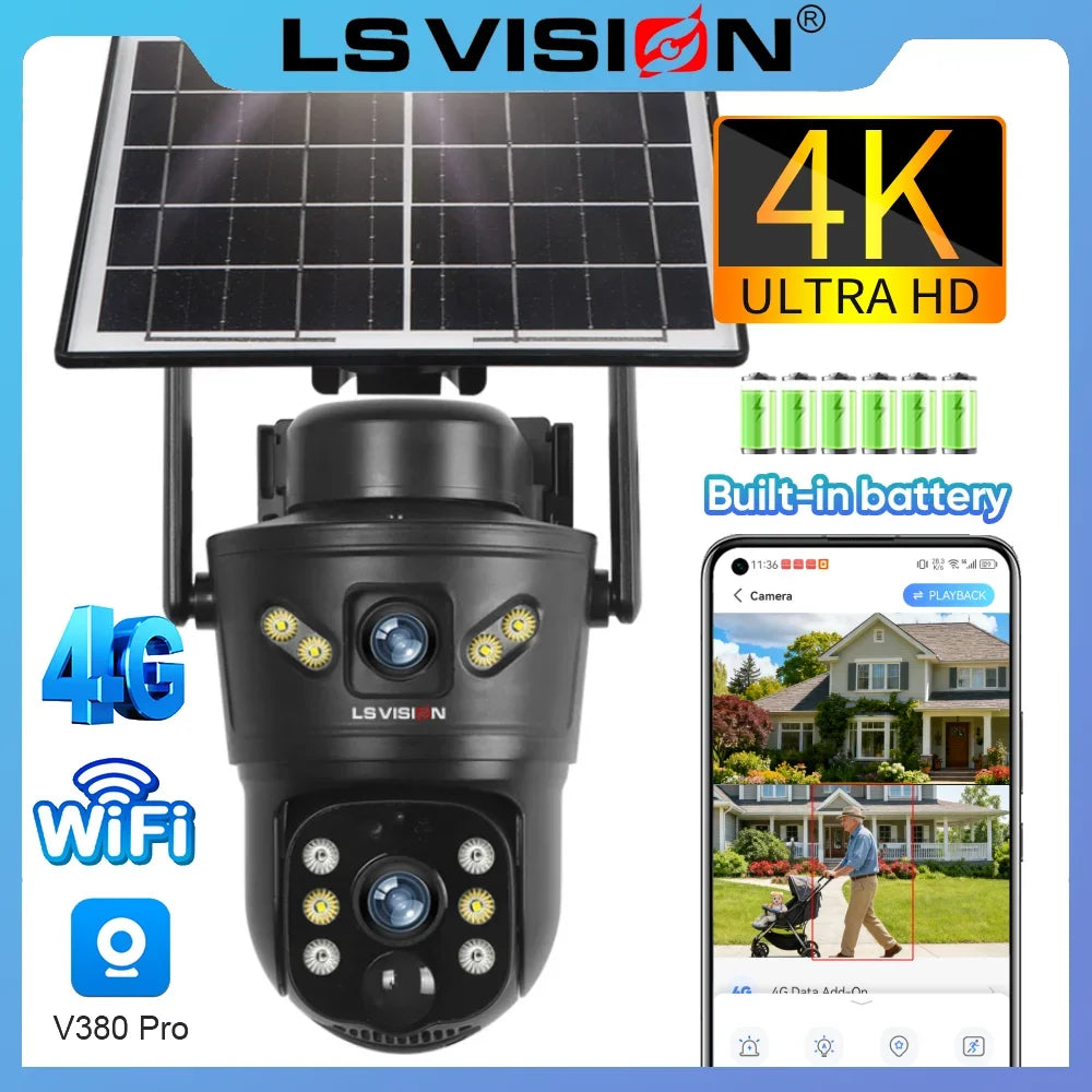 LS VISION Dual-Screen 4G/Wifi Outdoor Solar Camera Security 4K PIR Human Tracking CCTV Surveillance Camera V380 Pro Waterproof