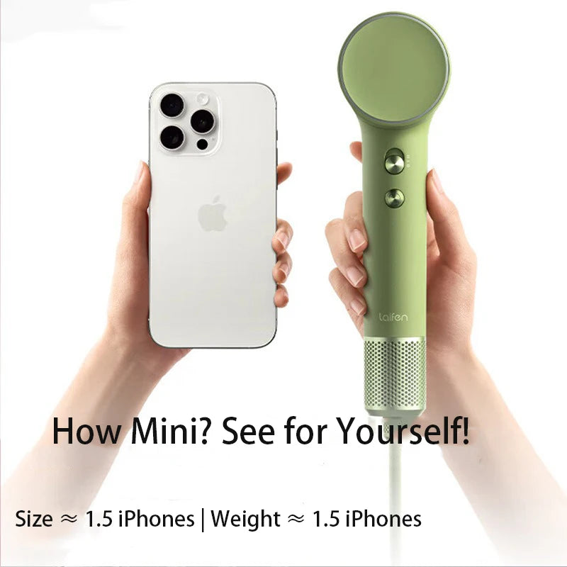 Lightweight 299g Laifen Mini high-speed hair dryer in green, portable design for dorms, held next to an iPhone.