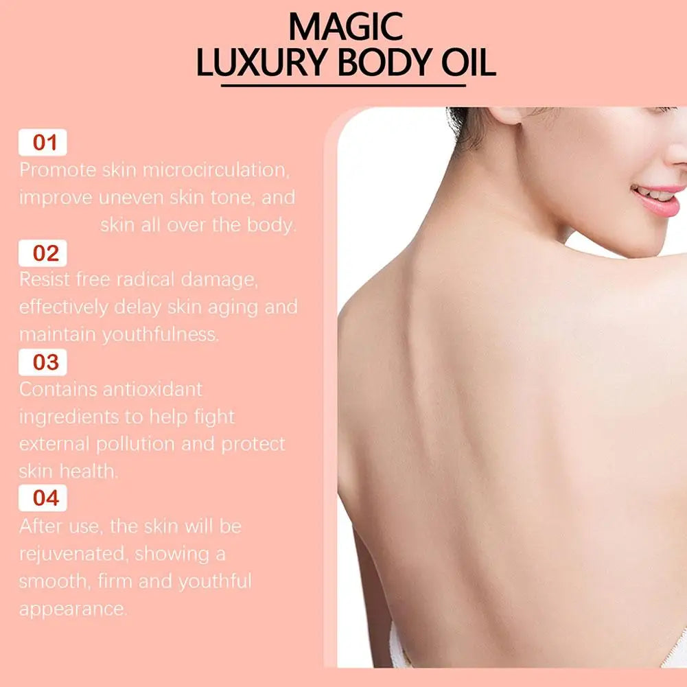 Product info graphic for Magic Luxury Body Oil featuring a woman's smooth back and four skincare benefits.