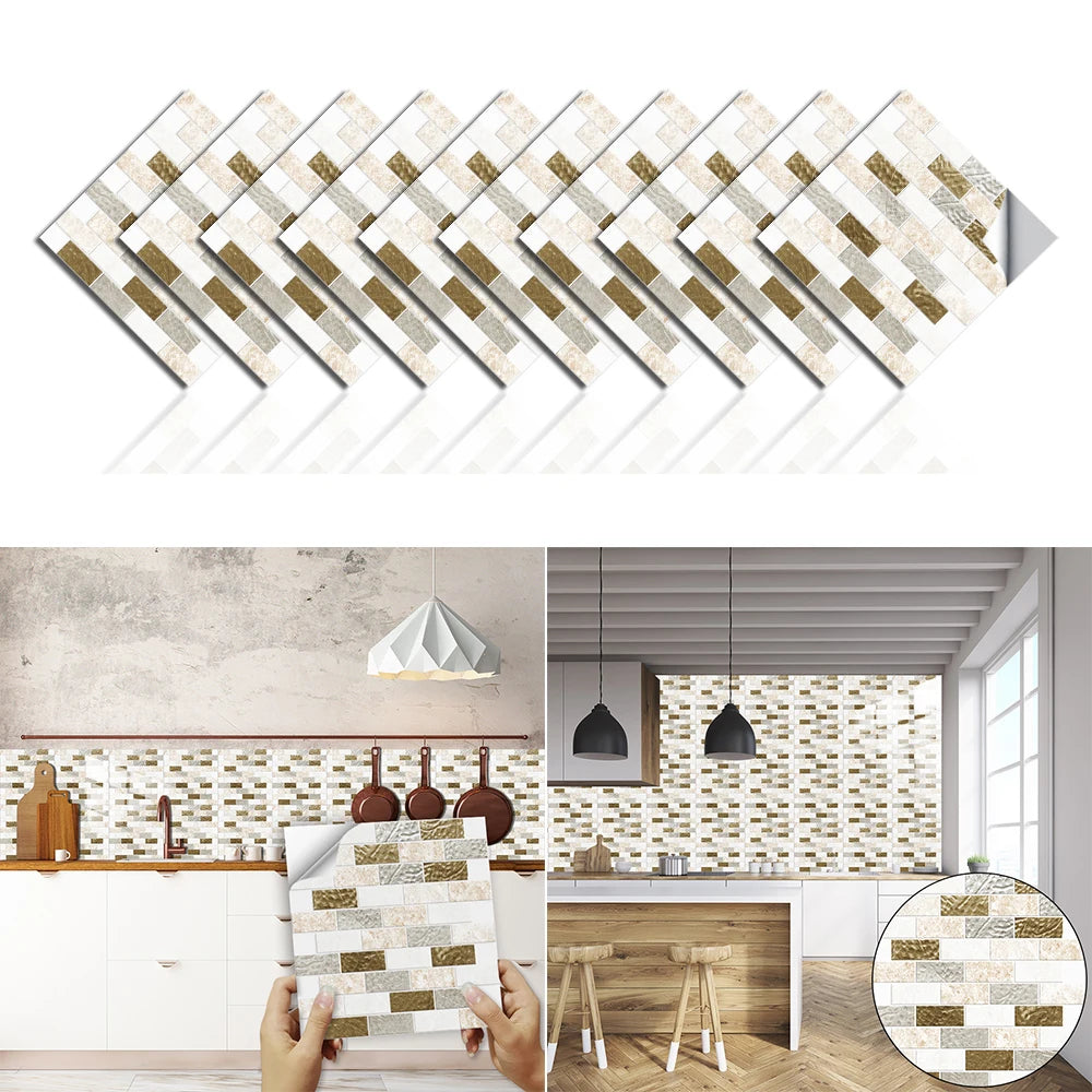 10pcs/set Flat Marble Mosaic Tiles Sticker Transfers Covers For Kitchen Bathroom Tables Peel & Stick Waterproof Art Wall Decals