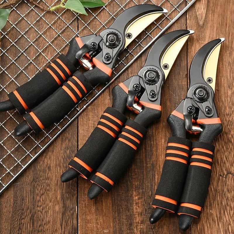 Pruning shears set of three, black handles with orange wraps, curved yellow blades