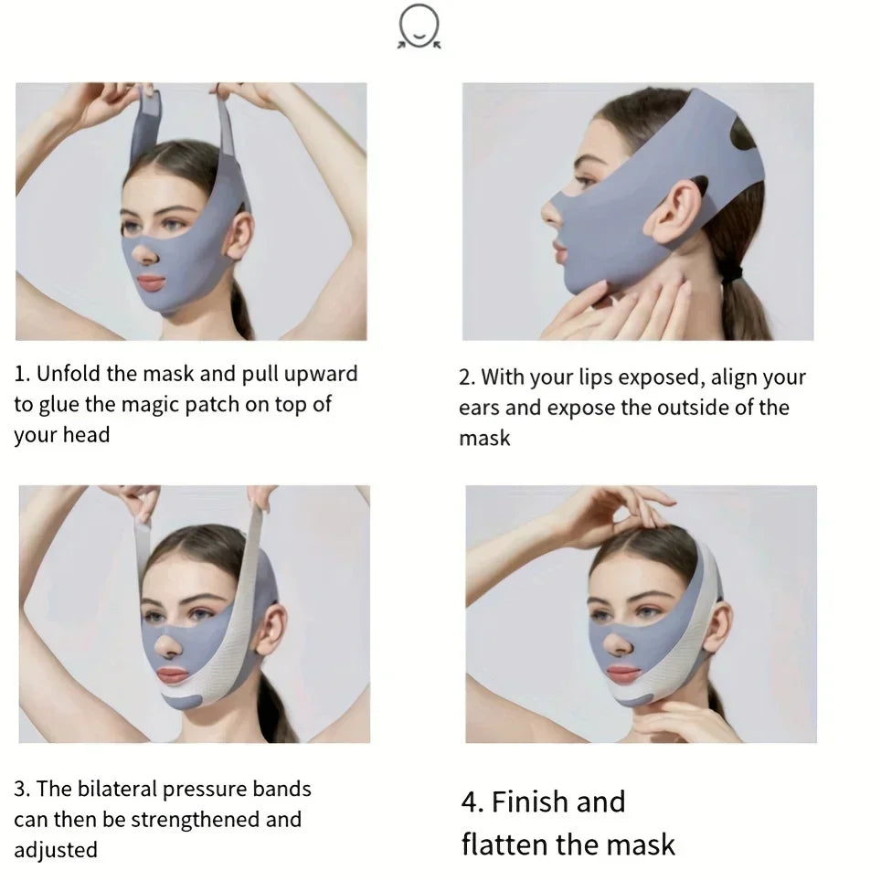 Four steps showing a woman applying a gray, fabric face-slimming compression bandage with ear cutouts and velcro straps.