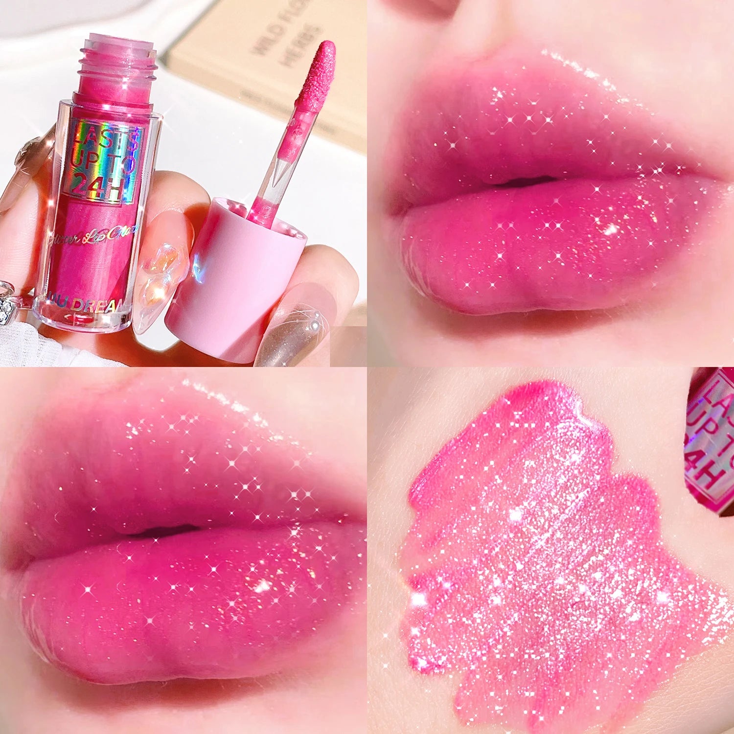 Long-lasting pink glitter lip glaze with a high-shine, waterproof, hydrating liquid formula for sparkly lips.