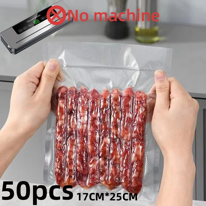 Hands sealing a clear vacuum bag with sliced red meat