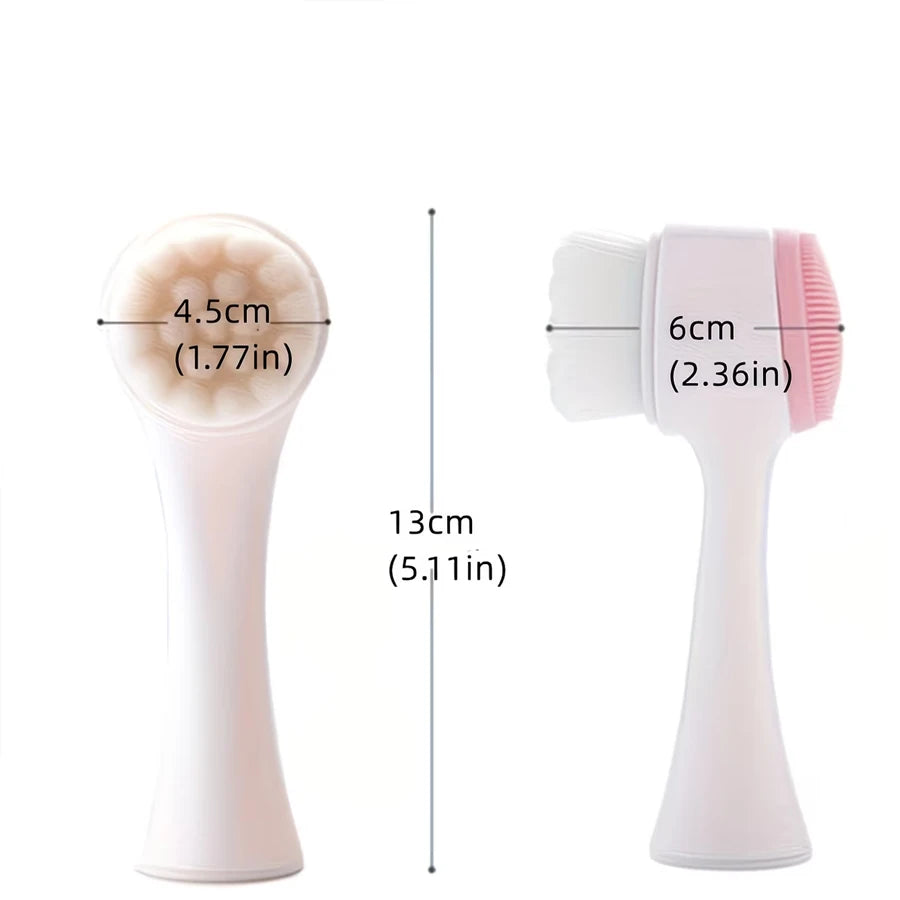 Double-sided facial cleansing brush with soft bristles and silicone exfoliating scrubber, 13cm long, light beige color.