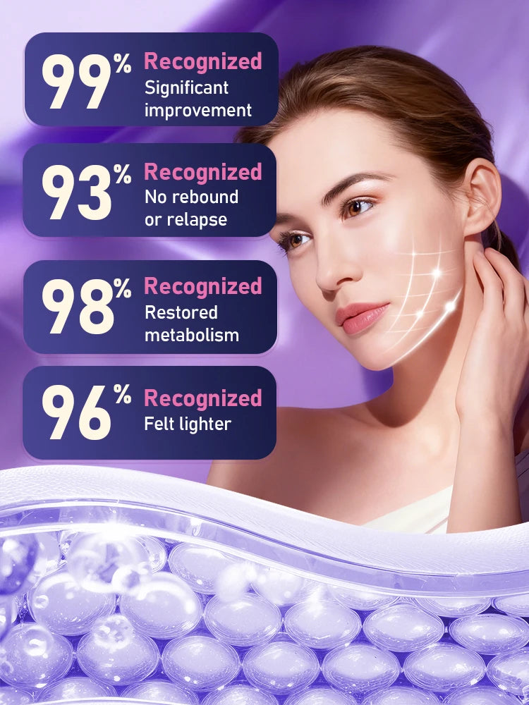 Woman with a glowing jawline overlay next to violet boxes showing high percentage rates for facial skin improvement.