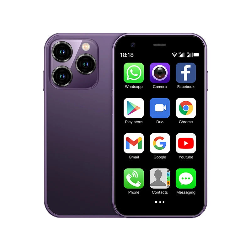 Mini 4G smartphone in purple, front display and dual rear cameras