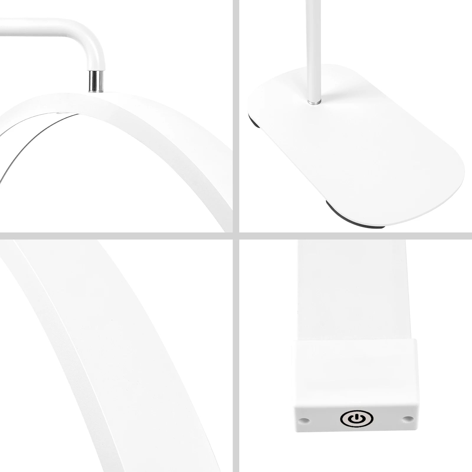 White metal desk lamp with arched light head, rectangular weighted base, and a touch-sensitive power button.