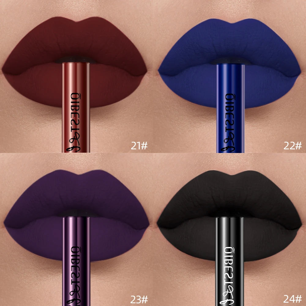 QIBEST long-lasting velvet liquid lipstick set in dark matte shades including red, blue, purple, and black.