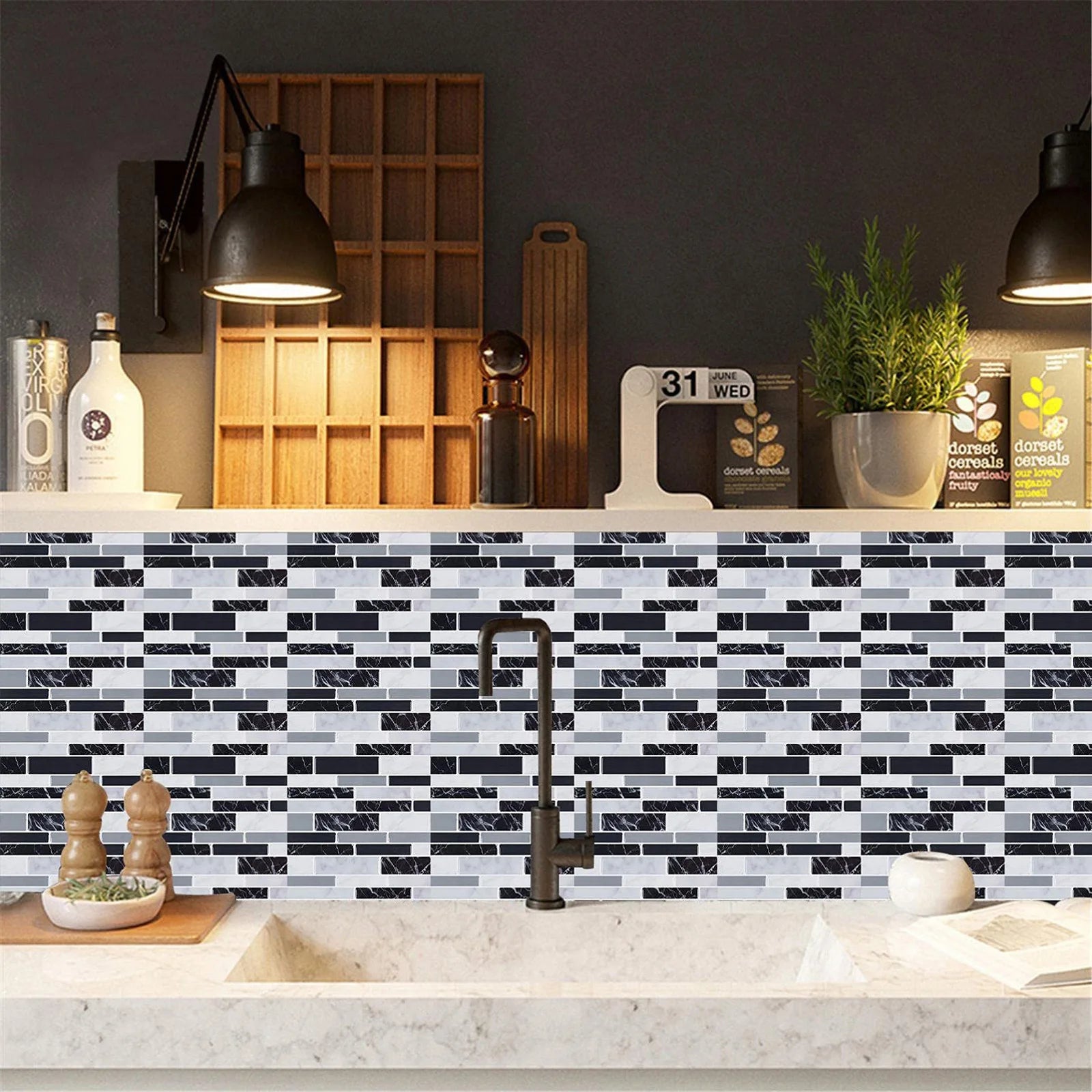 10pcs Self Adhesive Tiles Stickers Marble Mosaic Embossing Tile Stickers Kitchen Bathroom Waterproof  Wall Decals Decoration ﻿