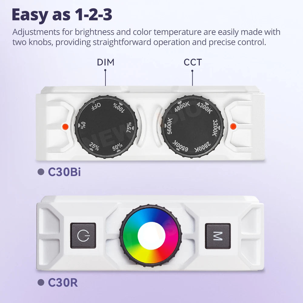 C30Bi and C30R rectangular light control panels with black dials and buttons for brightness and color adjustments.