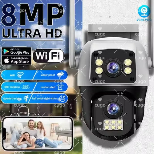 Outdoor PTZ security camera with dual lenses and dual-sided camera housing, white finish.