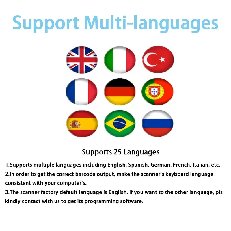 Black desktop barcode scanner shown with language support flags graphic