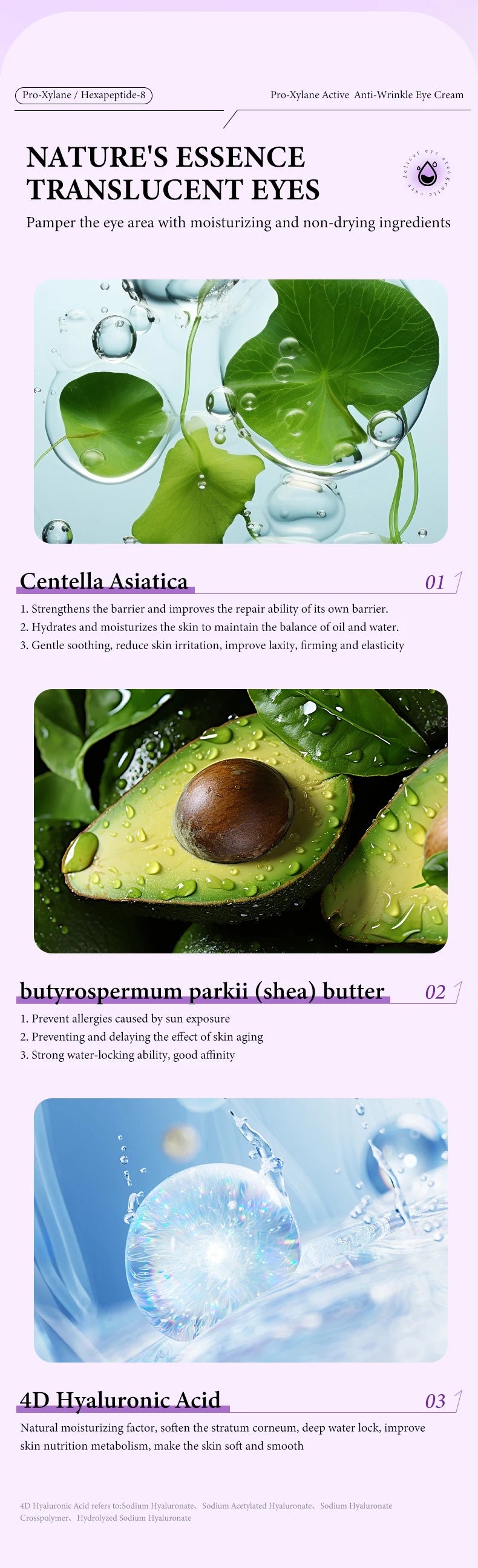 Anti-wrinkle eye cream infographic featuring Centella Asiatica, avocado, and hyaluronic acid for firming and puffiness.