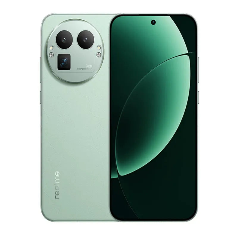Realme GT 8 Pro green smartphone, front and back view, 200MP triple camera system, AMOLED display, flagship phone.
