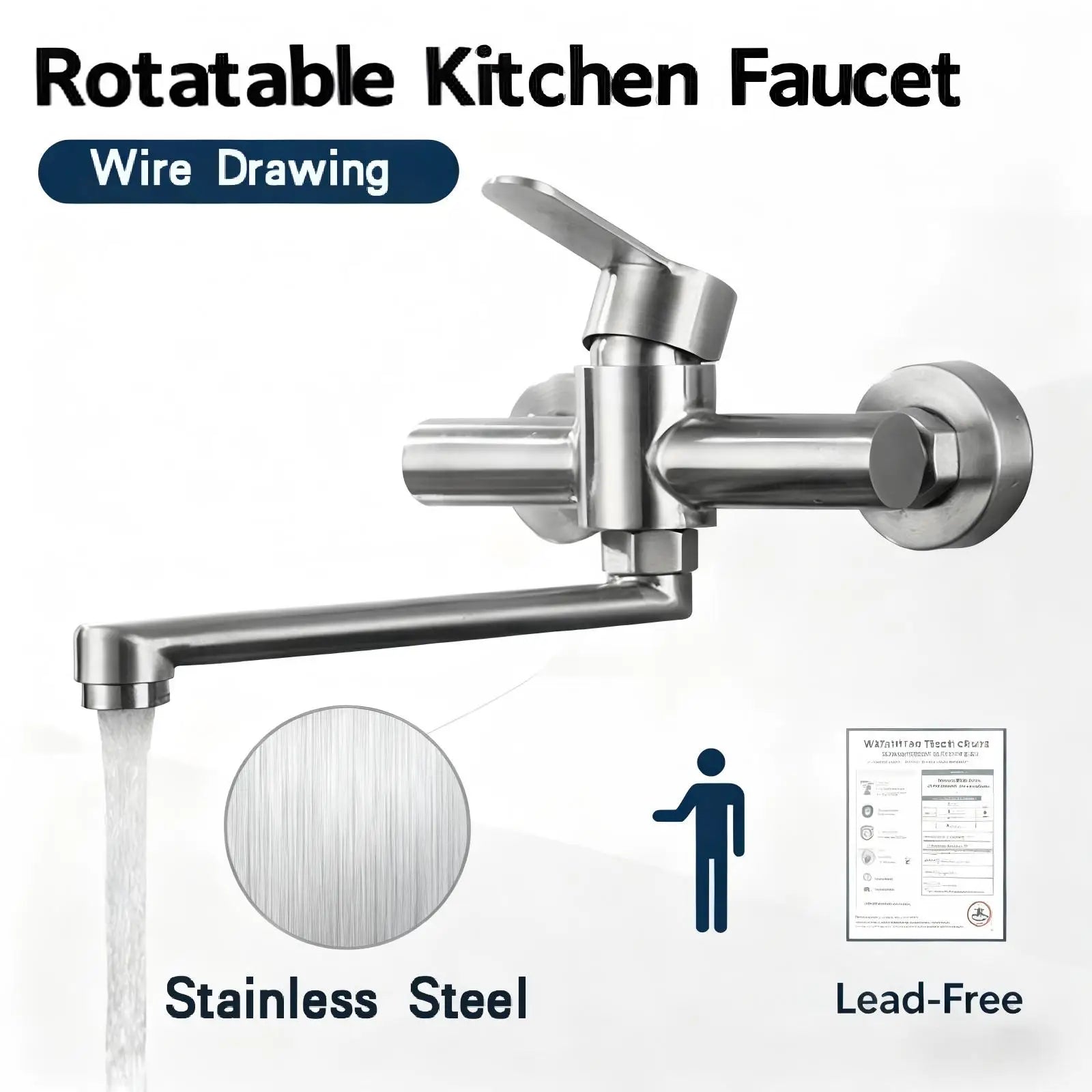Silver Wall-Mounted Stainless Steel Rotatable Kitchen Faucet 360° Single Handle Hot and Cold Water Faucet For Both Homes Etc