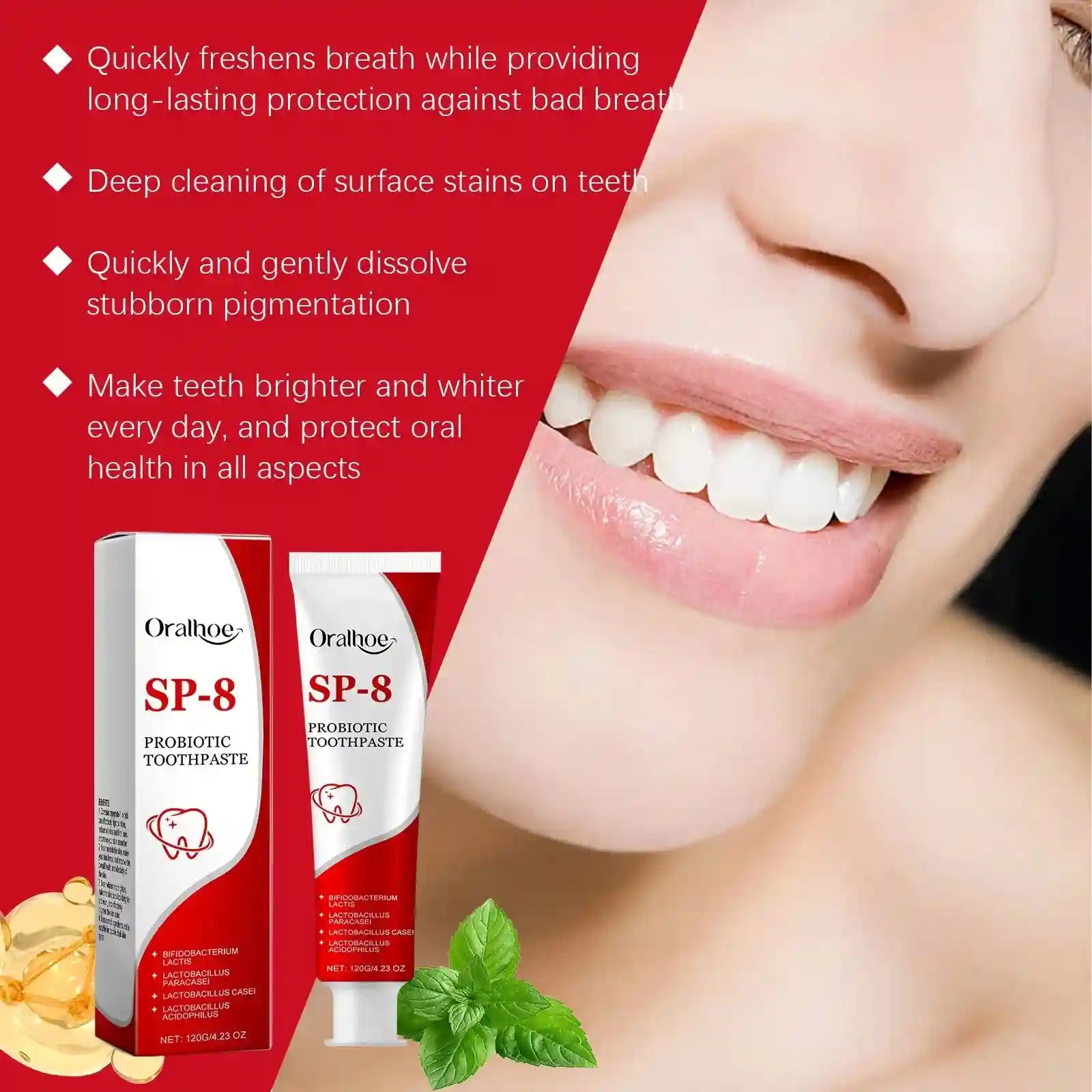 Tidesmit SP-8 probiotic brightening toothpaste for deep cleaning, plaque removal, and fresh mint breath.