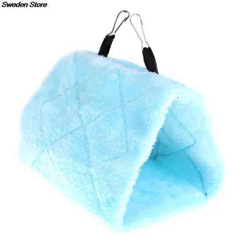 Hanging fuzzy bird nest bed, light blue quilted fabric with metal clips