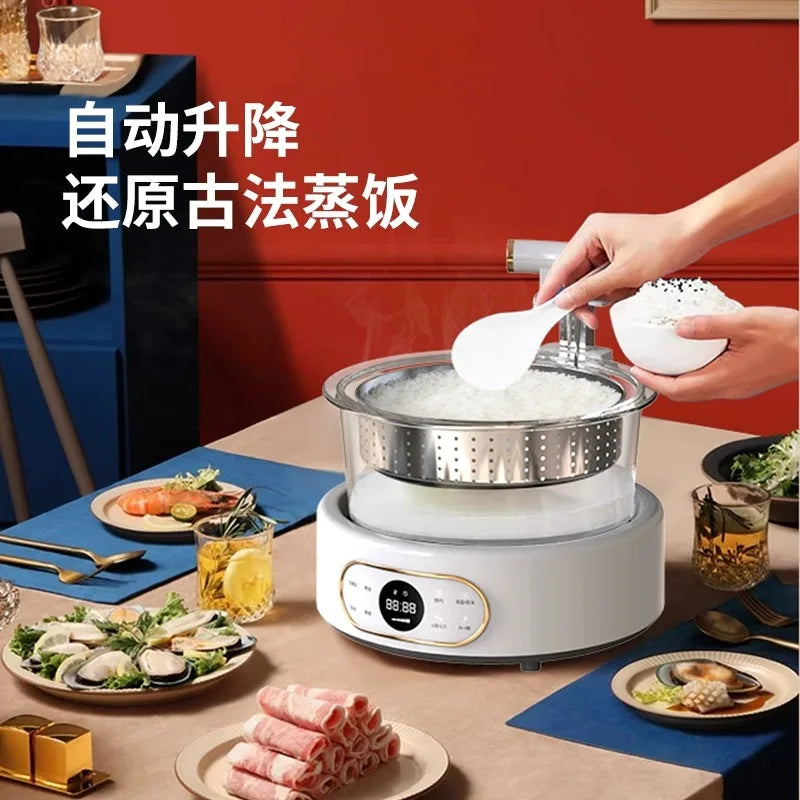 White steaming rice cooker on countertop with stainless inner basket and control panel