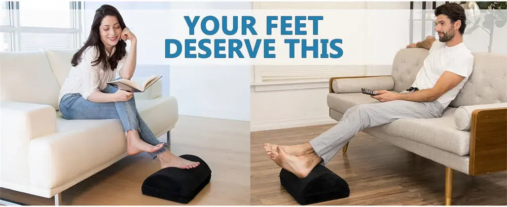Black ergonomic under-desk footrest for home or office, providing lumbar and leg pain relief while sitting on a sofa.