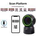 Black omnidirectional desktop scanner with scan platform icons and green ring light