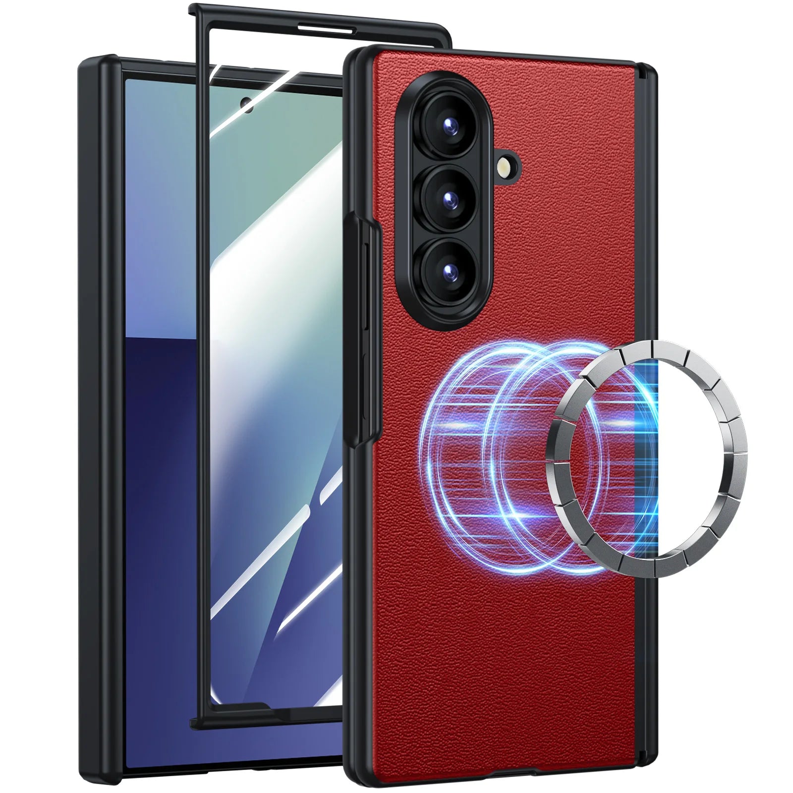 Samsung Galaxy Z Fold 7 Leather Case, Slim Magnetic Shock-Absorbing Cover Red Galaxy Z Fold7 Tidesmit