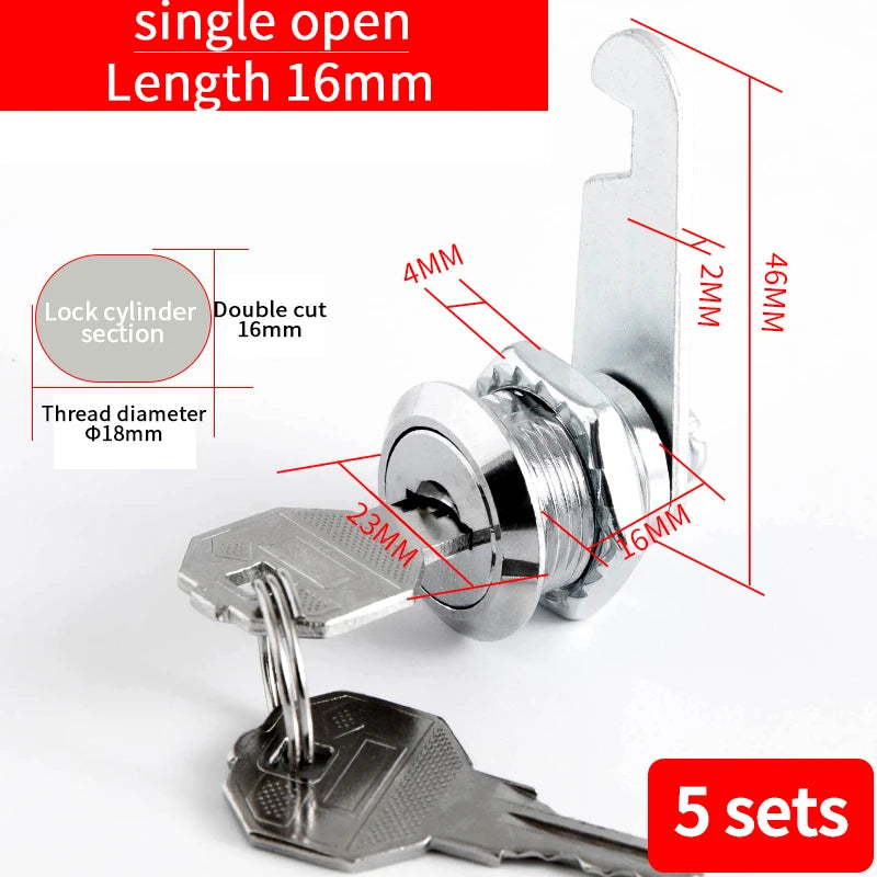 5/20SETS Metal Cylinder Cabinet Security Locker Cam Lock With 2 Keys Same Key Different Key Security Mailbox Lock Drawer 16mm