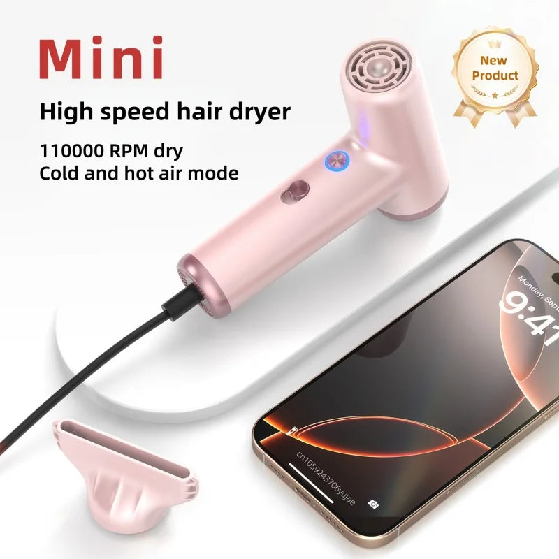 Pink mini portable high-speed hair dryer with 110k RPM brushless motor, cold/hot modes, and magnetic concentrator nozzle.
