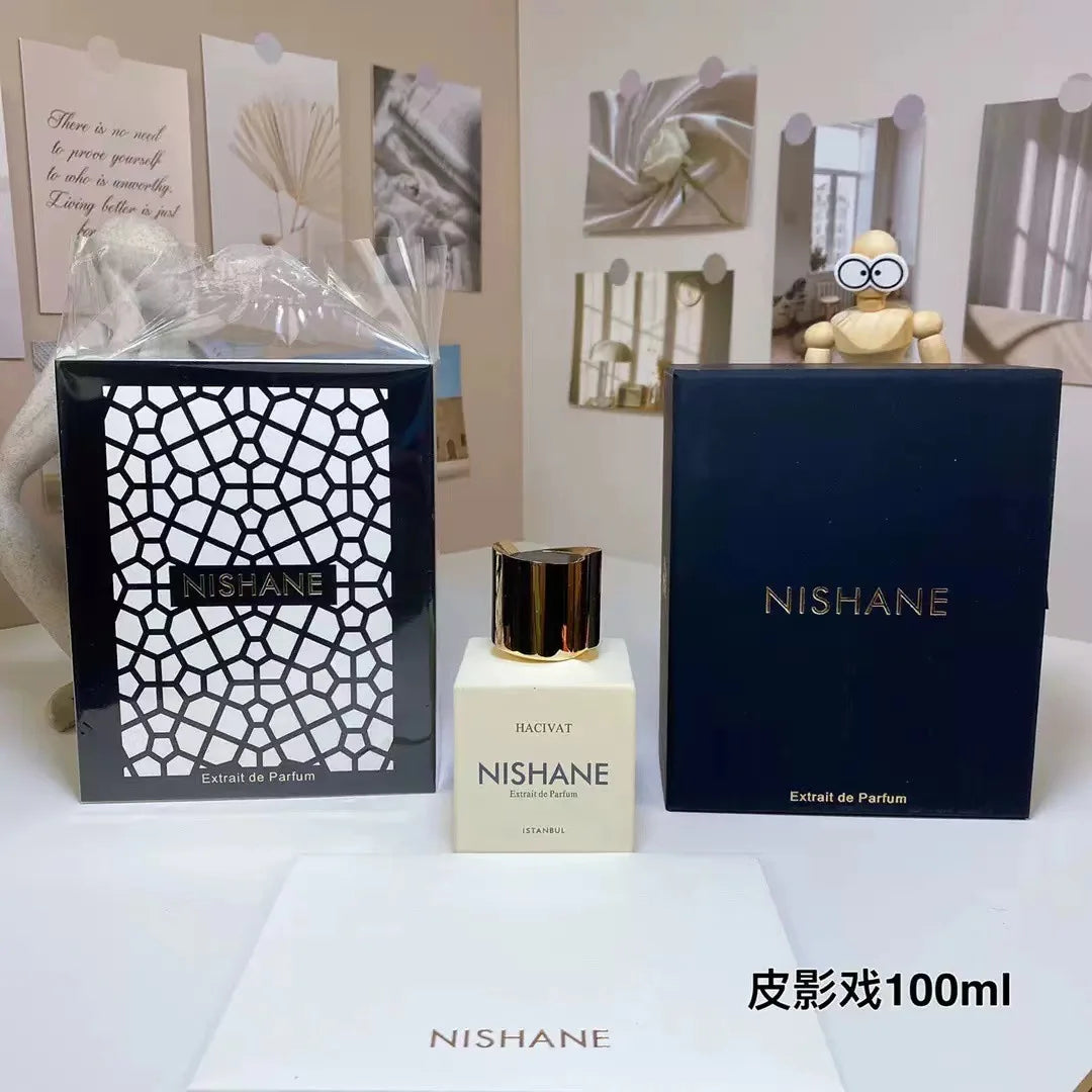 Nishane Hacivat Extrait de Parfum for men: 100ml square glass bottle with gold cap, luxury niche fragrance set.
