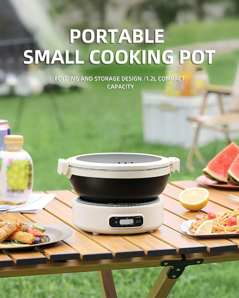 Portable electric cooking pot with black bowl on white base, compact fold-and-store design