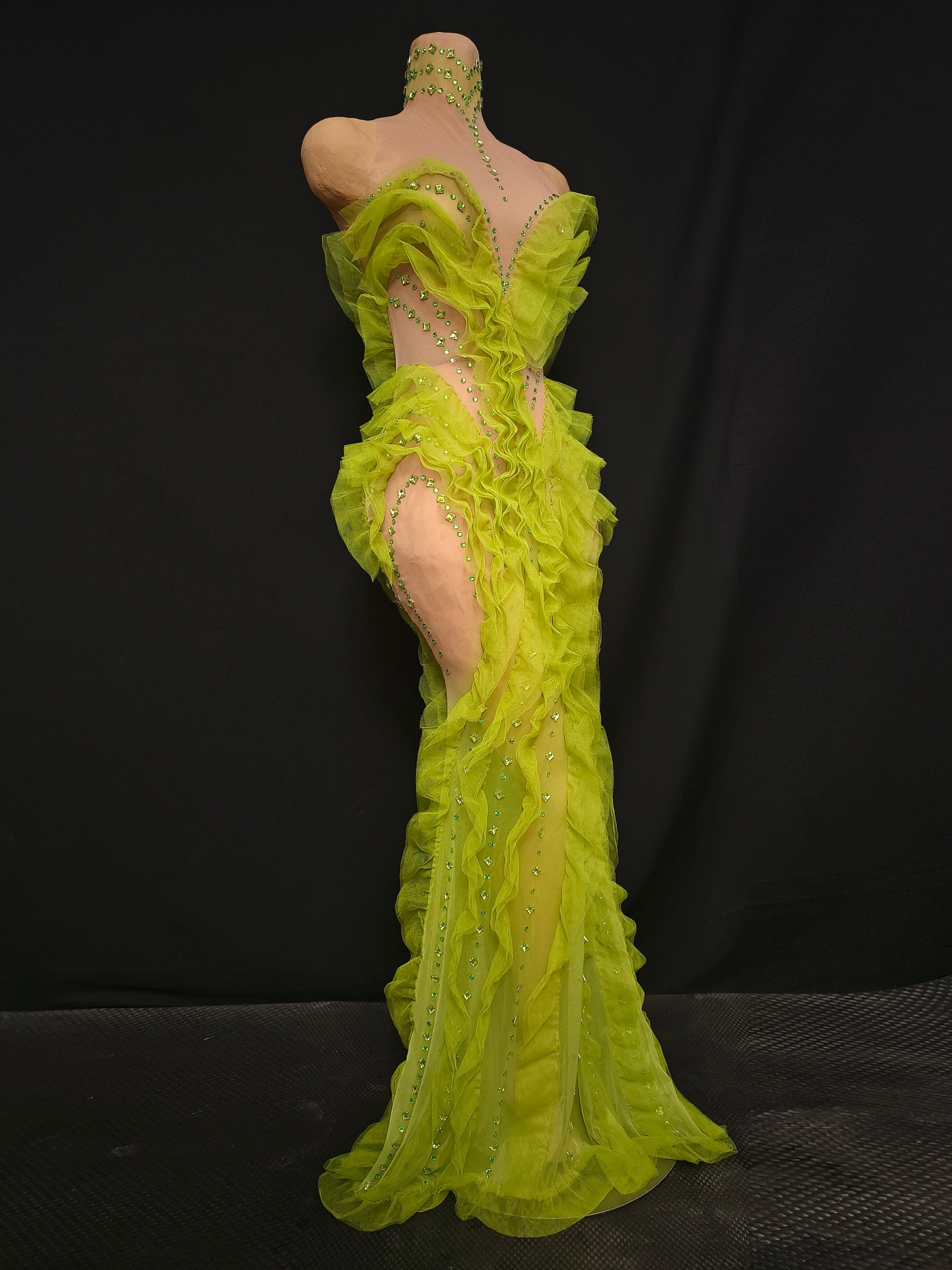 Elegant Sparkly Green Rhinestones Mesh Sheer Ruffle Maxi Dress Celebrate Eveing Birthday Party Nightclub Red Carpet Stage Wear