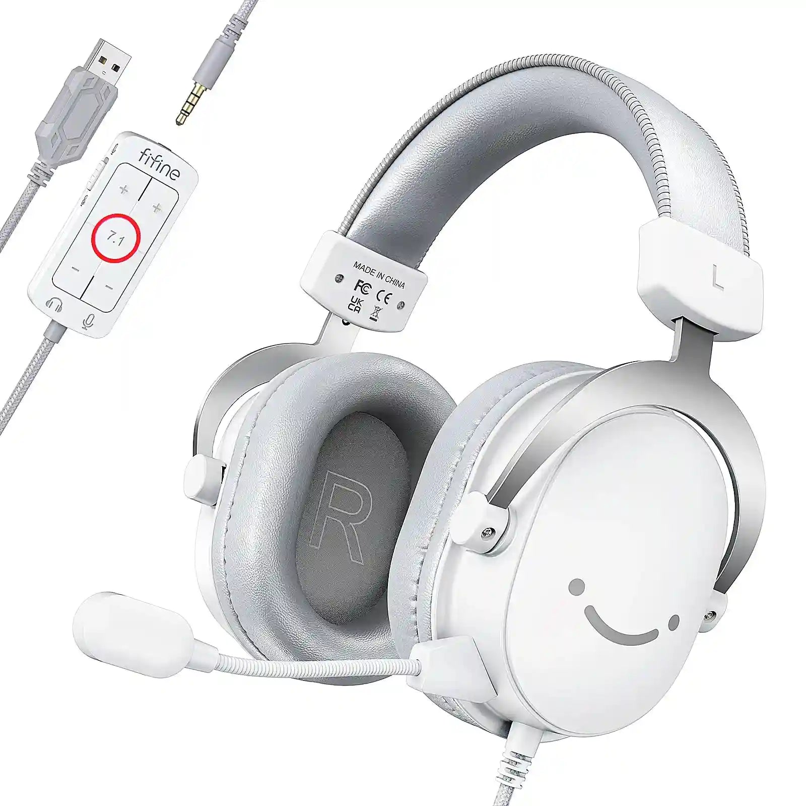 USB Gaming Headset 7.1 Surround Sound Wired Over-Ear PC PS5 White WHITE Tidesmit
