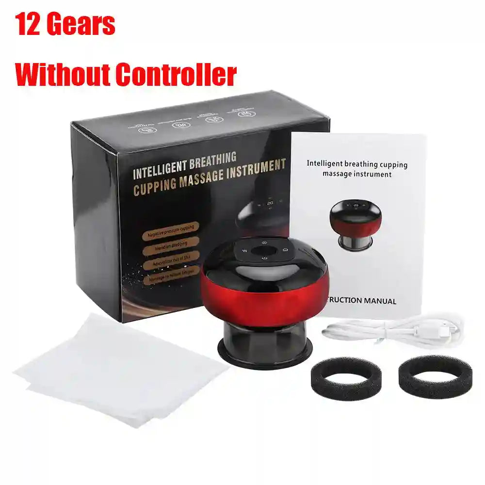 Red and black intelligent breathing cupping massage device with charging cable, filters, manual, and storage box.