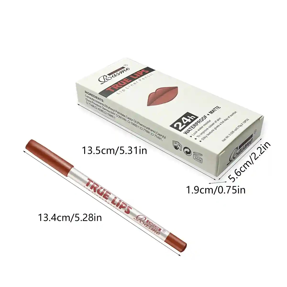 Basme 24h waterproof matte lip liner pencil in a brown shade with its 12-piece lipstick set packaging.