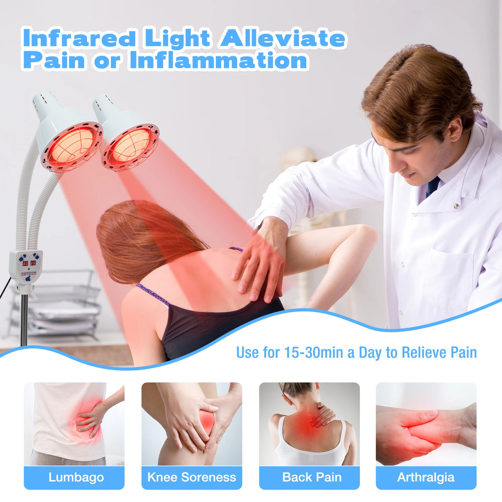 275W double-headed infrared heat lamp for pain relief with adjustable temperature and remote control for home therapy.