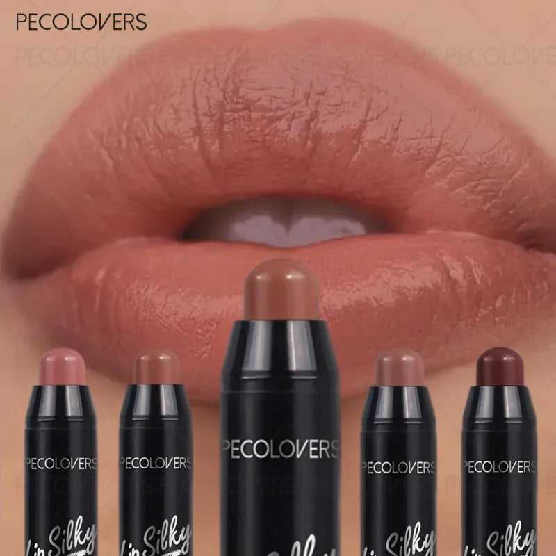 Moisturizing lipstick pen set in black tubes with a silky, nude-toned lip makeup swatch for precise lip lining.