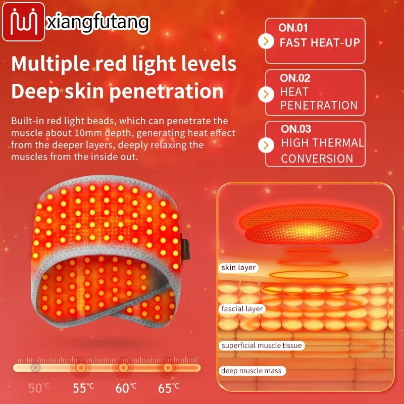 Red light therapy heated head massager for migraine relief with 3 heat levels for deep muscle relaxation and stress.