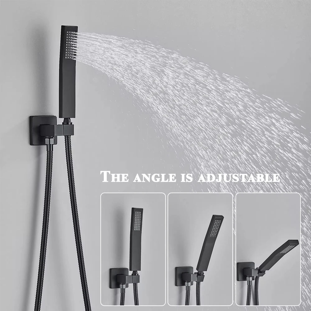 Matte Black Wall Mount Bathroom Shower Faucet 12/16" Rainfall Mixed Hot Cold Water Mixer Shower Tap with Hand Sprayer