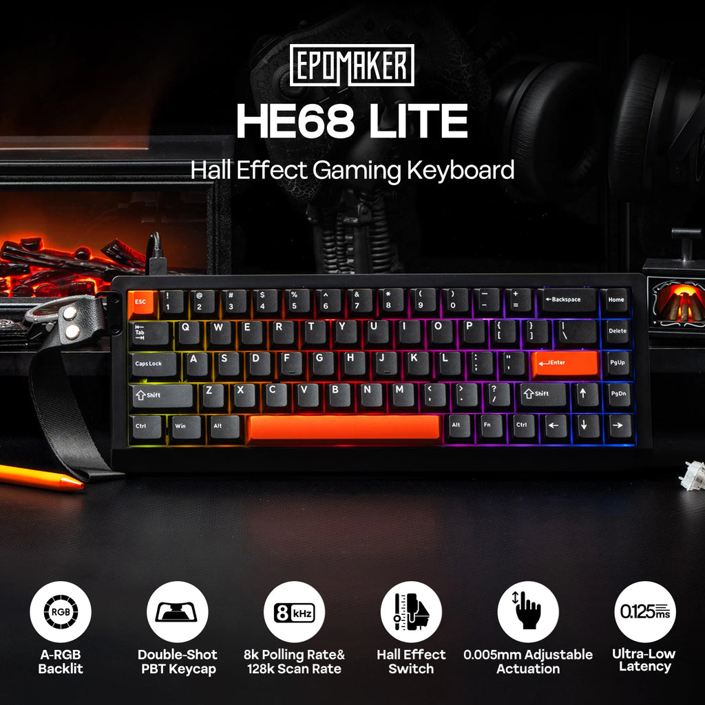 EPOMAKER HE68 Lite 65% ANSI US Layout Tray-Mounted Wired Hall Effect Magnetic Mechanical Keyboard DKS SOCD RGB Backlight