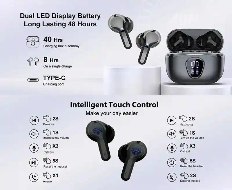 Tidesmit Wireless Earbuds with ENC Mic - 48H Playtime - Waterproof Black Tidesmit