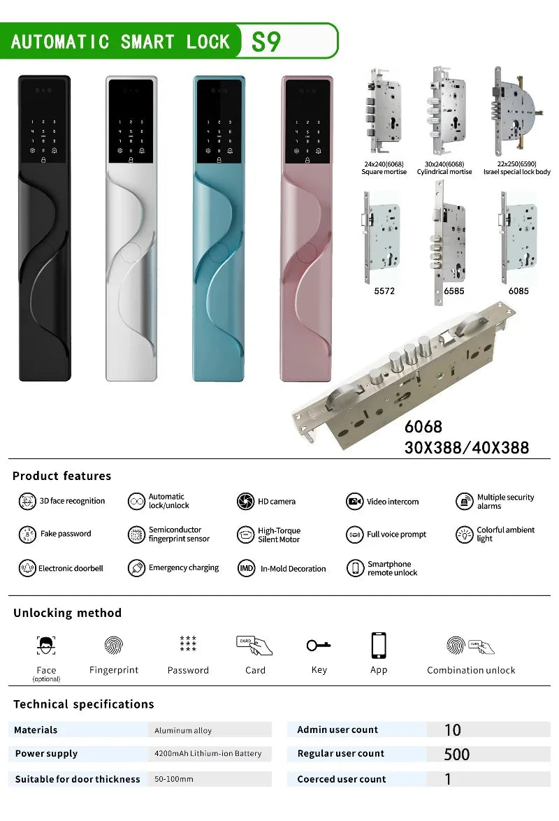 Tuya App Security Lock, Waterproof Smart Door Locks with 3D Face & Palm Recognition Camera Video, Smart Lock Suitable for Israel
