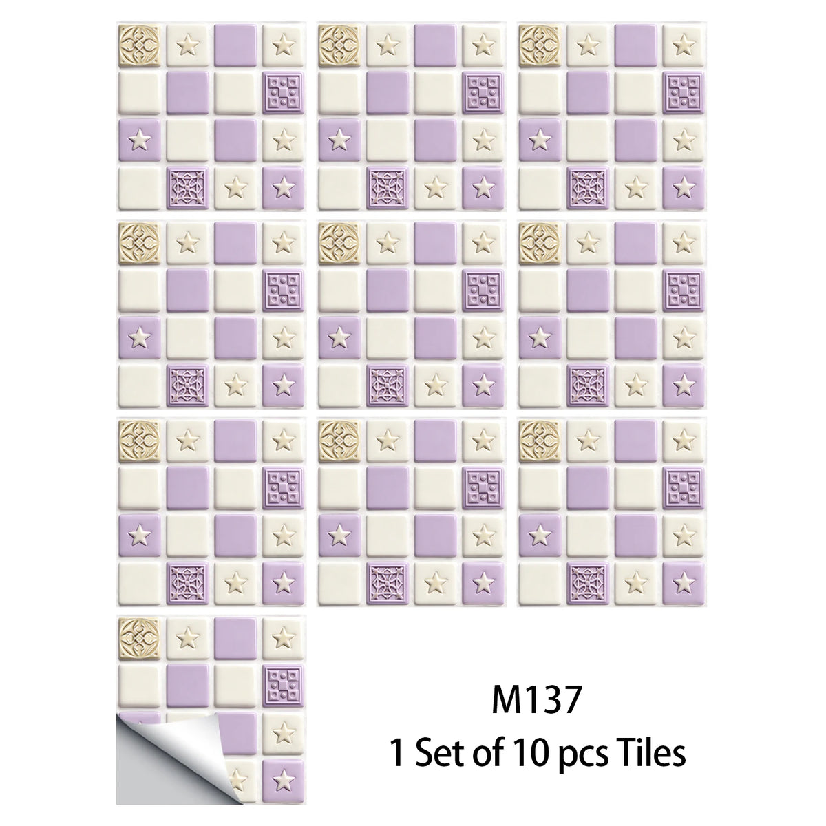 10-piece mosaic tile sticker set with lavender, cream, and star/medallion tile details