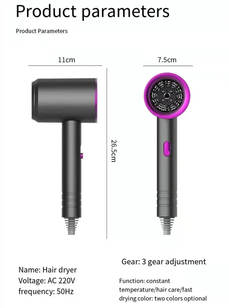 Grey and pink professional high-speed hair dryer with 3-gear heat control for fast drying and ionic hair care.