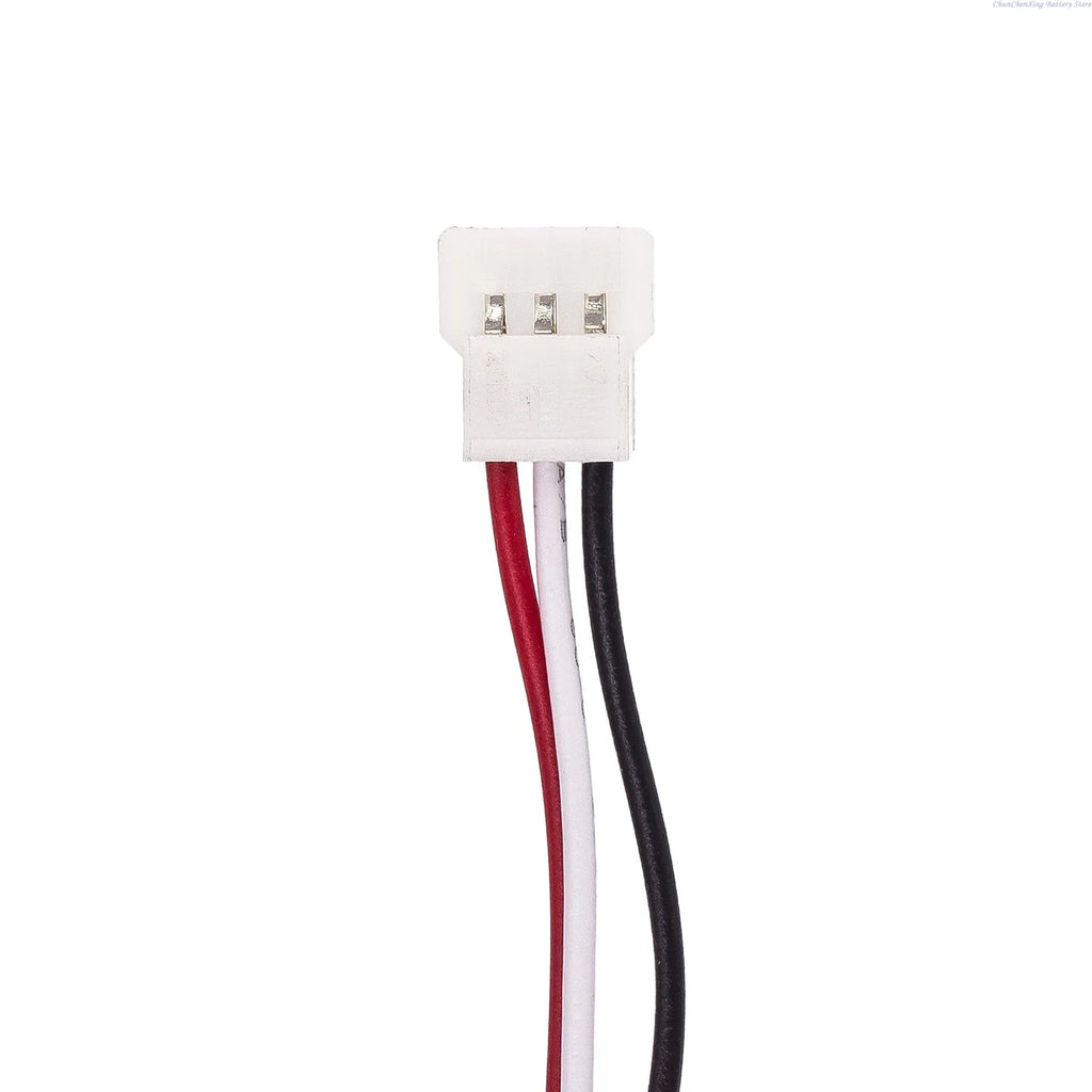 Rechargeable battery pack wiring with white 3-pin connector, red and black leads