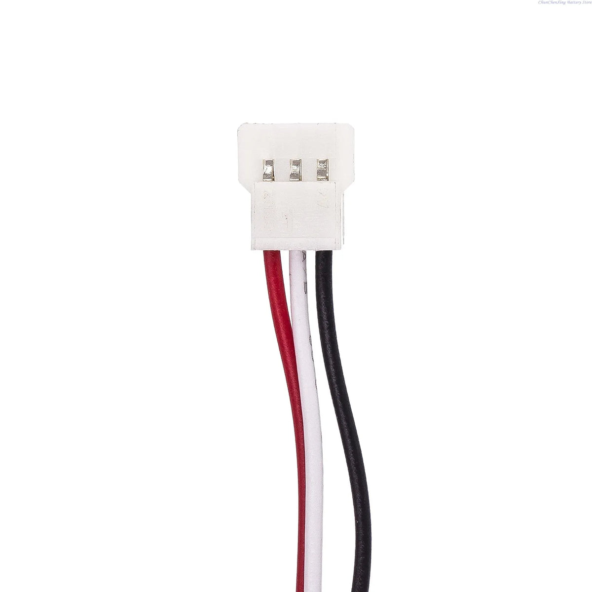 Rechargeable battery pack wiring with white 3-pin connector, red and black leads