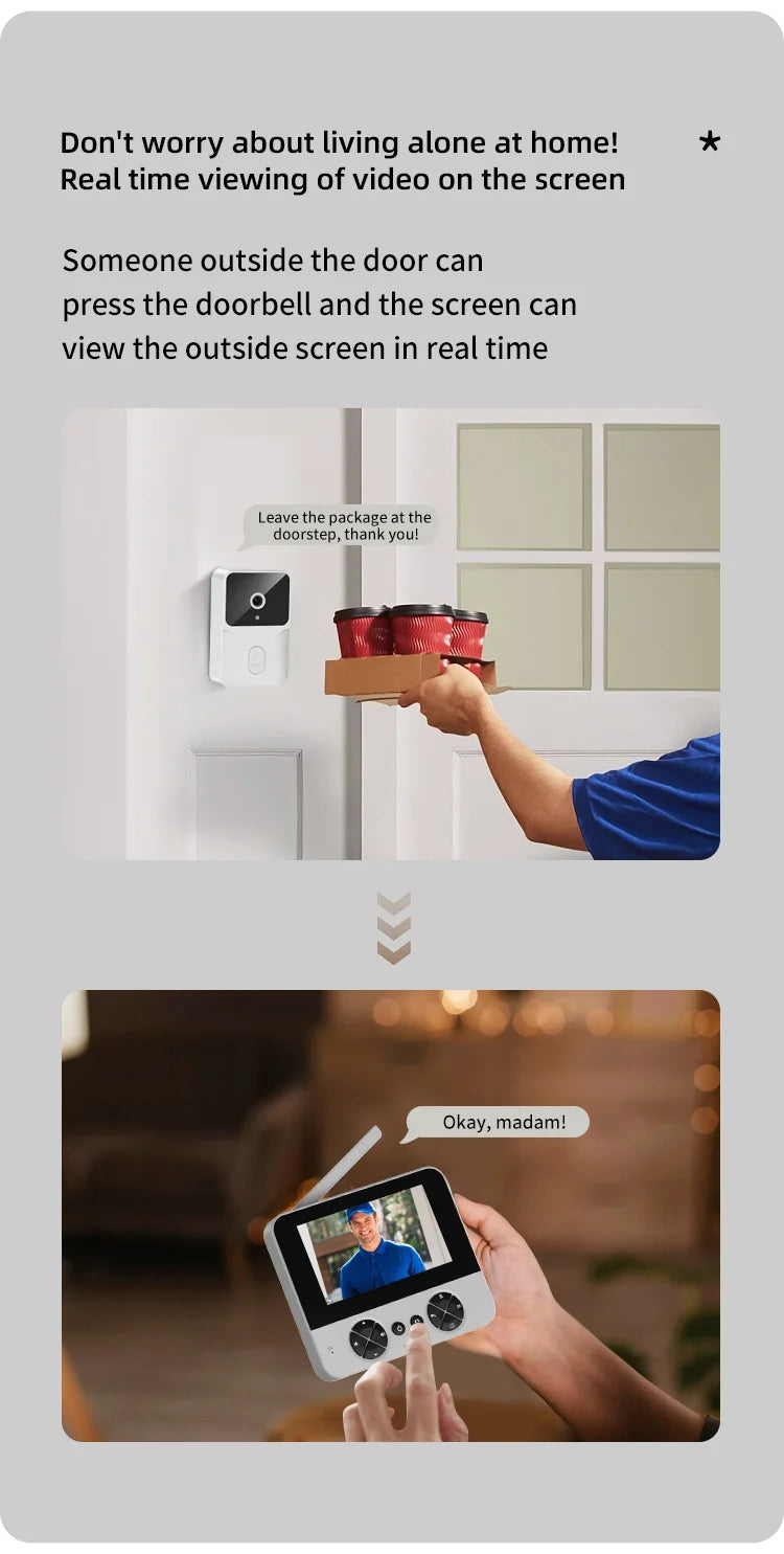 Wireless video doorbell, 4.3 "IPS display 720P high definition intelligent intercom, 2.4G wireless two-way call, night vision